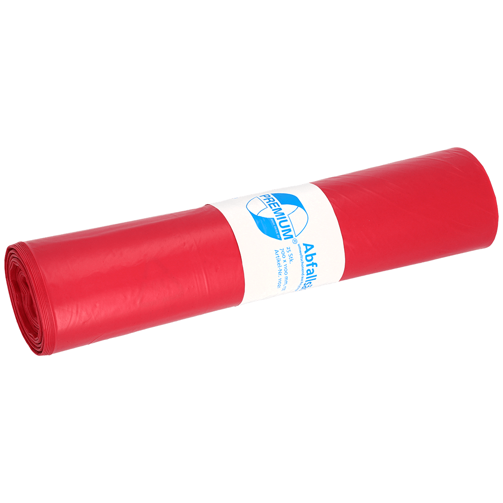 A képen egy EMIL DEISS KG (GmbH + Co.) DEISS 11021 - 700x1100 mm típusú 60 piros szemeteszsák (25 darab) látható fehér-kék címkével egyszínű fehér háttéren.