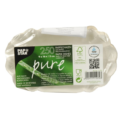 Egy csomag 250 PAPSTAR tál, "pure" karton ovális fehér a PAPSTAR GmbH-tól - friss rostkartonból és FSC-tanúsítvánnyal rendelkező, fenntartható anyagból, méretek 9 x 16 x 3 cm.