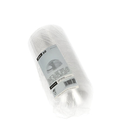 Egy lezárt műanyag csomagolás 50 kerek, átlátszó Starpak „Hurricane” PET fedelet tartalmaz (lyuk nélkül), Ø 9,5 cm x 4,5 cm, fehér-szürke címkével, amelyen a termék részletei találhatók.