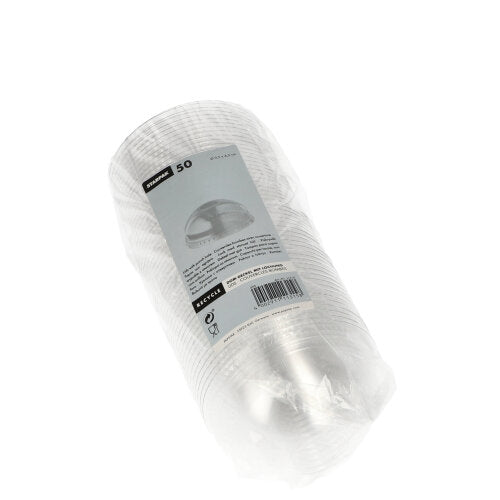 Egy csomag 50 Starpak Dom-fedél „Hurricane” PET fedéllel (átlátszó, kerek, Ø 9,5 cm, lyuk nélkül) átlátszó csomagolásban van szállítva, amelyen fehér-szürke címke található a termékinformációkkal, vonalkóddal és a Starpak márkával a biztonságos zárás érdekében.