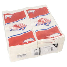 Egy 1 000 darabos csomag PAPSTAR GmbH henteszsákok erős papírból (28x14x6 cm), fehér, nyomtatott mintával, kötegben és fóliába csomagolva – ideális hentesüzletek számára.