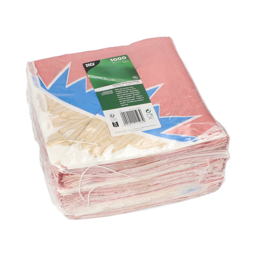 Egy lezárt műanyag csomagban a PAPSTAR GmbH-tól 1000 "Cikk-Cakk" sültkrumpli tölcsér található pergamenhelyettesítőből színes dizájnnal és zöld termékcímkével a tetején.