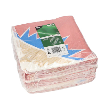 Egy lezárt műanyag csomagban a PAPSTAR GmbH-tól 1000 "Cikk-Cakk" sültkrumpli tölcsér található pergamenhelyettesítőből színes dizájnnal és zöld termékcímkével a tetején.