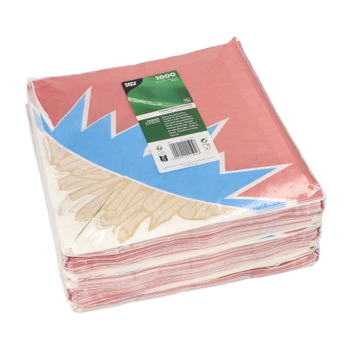 Egy piros-kék-fehér PAPSTAR 1000 sültkrumpli tölcsér cikk-cakk formában (pergamenhelyettesítő) átlátszó fóliába van csomagolva és a PAPSTAR GmbH zöld címkéjével van ellátva.