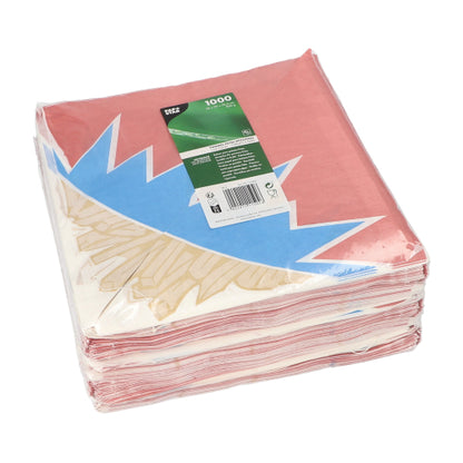 Egy piros-kék-fehér PAPSTAR 1000 sültkrumpli tölcsér cikk-cakk formában (pergamenhelyettesítő) átlátszó fóliába van csomagolva és a PAPSTAR GmbH zöld címkéjével van ellátva.