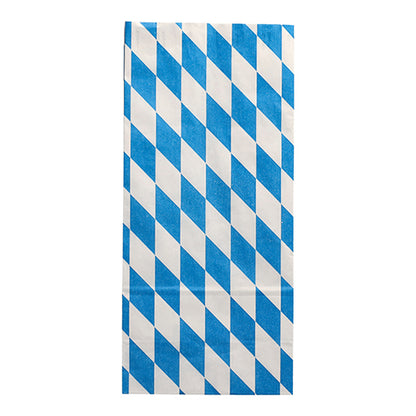 Der Starpak 100 Hähnchenbeutel ist ein rechteckiger Beutel aus Papier mit Aluminiumfutter, der ein diagonales Rautenmuster in abwechselnden Reihen in Blau und Weiß aufweist und aus umweltfreundlichen Materialien hergestellt ist.