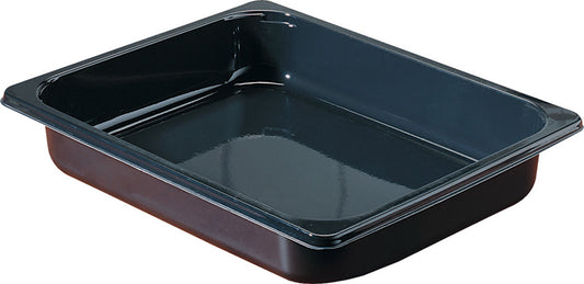 Die Duni GmbH CPET-Schale 1/2 GN Schwarz CPET 325x265 ist eine rechteckige schwarze Metallbratpfanne mit hohem Rand und glänzender Oberfläche, ideal für die Gastronomie. Leer vor weißem Hintergrund abgebildet.