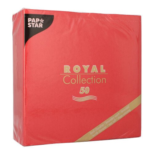 Egy piros csomag PAPSTAR 50 szalvéta "ROYAL Collection" 1/4-hajtás 40x40 cm piros a PAPSTAR GmbH-tól, arany és fehér márka- és kollekciós felirattal az elején.