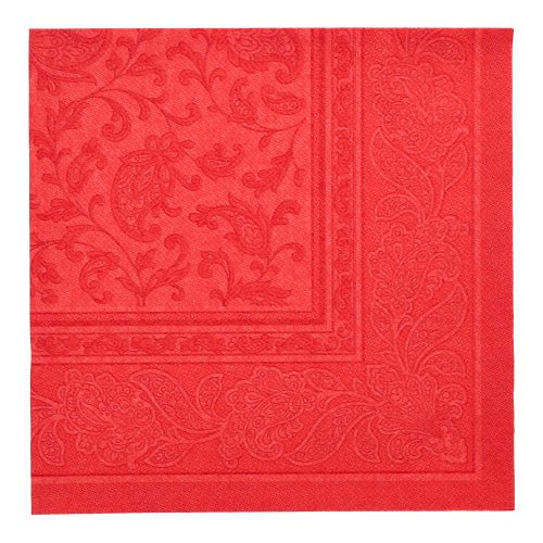 Egy piros papírszalvéta a PAPSTAR GmbH-tól, "ROYAL Collection" (40 x 40 cm, 1/4-hajtás), domborított virágmintával és dekoratív szegéllyel - egy a 50 kiváló minőségű szalvéta közül az elegánsan megterített asztalhoz.
