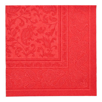 Egy piros papírszalvéta a PAPSTAR GmbH-tól, "ROYAL Collection" (40 x 40 cm, 1/4-hajtás), domborított virágmintával és dekoratív szegéllyel - egy a 50 kiváló minőségű szalvéta közül az elegánsan megterített asztalhoz.