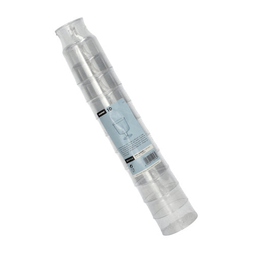 Egy tíz darabból álló Starpak 0,2l talpas pohár vörösborhoz üvegtiszta polisztirolból (egyesével, Ø7,2cm, 10cm magas) zsugorfóliában kék-fehér termékcímkézéssel és borospohár-ábrázolással van csomagolva.