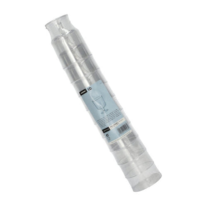 Egy tíz darabból álló Starpak 0,2l talpas pohár vörösborhoz üvegtiszta polisztirolból (egyesével, Ø7,2cm, 10cm magas) zsugorfóliában kék-fehér termékcímkézéssel és borospohár-ábrázolással van csomagolva.