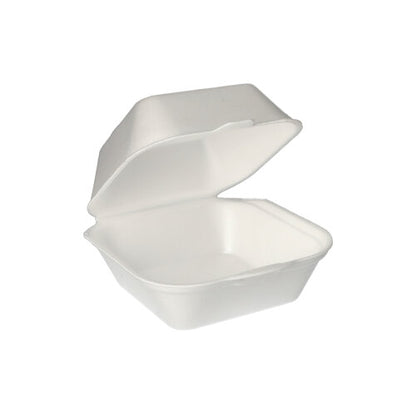 Egy fehér Starpak XPS hamburgerdoboz (7,5 x 12 x 12 cm) felhajtható fedéllel, egyszerű háttér előtt nyitva. A csomag 100 vákuumcsomagolt dobozt tartalmaz.