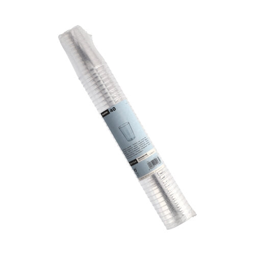 Ein durchsichtiger Stapel mit 40 Starpak Trinkbechern (PS, 0,1 L, Ø5,5 x 7,5 cm), glasklar und in Schrumpffolie mit blauem Etikett verpackt – ideal für Partys und Events.