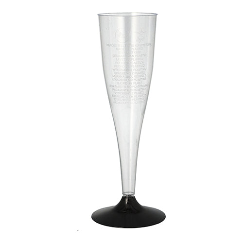 Egy átlátszó Starpak pezsgőspohár (0,1 l, Ø 5 cm, 17,5 cm) polisztirolból fekete aljjal, fehér alapon áll. A csomag hat elegáns poharat tartalmaz, finom függőleges szöveggel a szélén.