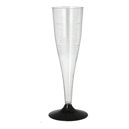 Egy átlátszó Starpak pezsgőspohár (0,1 l, Ø 5 cm, 17,5 cm) polisztirolból fekete aljjal, fehér alapon áll. A csomag hat elegáns poharat tartalmaz, finom függőleges szöveggel a szélén.