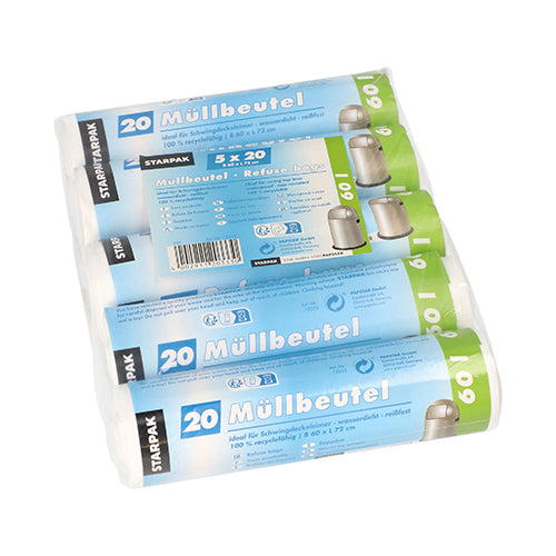 Starpak 100 szemeteszsák, HDPE 60L (72x60 cm) fehér fóliában, német termékleírással és egy szemetes ábráival a csomagoláson - tökéletes háztartásba.