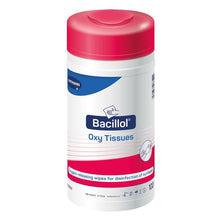 Fehér kannával rózsaszín fedéllel és a "Bacillol® 30 Oxy Tissues" felirattal a Paul Hartmann AG-tól, amely 100 hatékony, oxigénaktív fertőtlenítő kendőt tartalmaz felületekhez. A címke kék és rózsaszín akcentusokkal rendelkezik, és bemutatja a Hartmann logót.