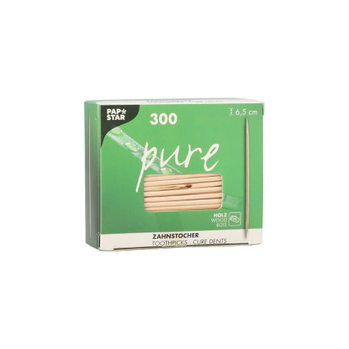 Die grün-weiße Dose PAPSTAR Zahnstocher aus Holz "pure" rund, 6,5 cm von PAPSTAR GmbH hat ein Sichtfenster und enthält 300 Zahnstocher in einer schützenden Folienverpackung - ideal für den täglichen Gebrauch.