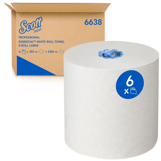 Ein großes weißes Scott® Essential™ Rollenhandtuch 6638 Großrolle (1-lagig) der Kimberly-Clark GmbH mit einem blauen "6"-Etikett steht vor einem braunen Karton mit der Aufschrift "Professional Essential White Roll Towel" und "6638".