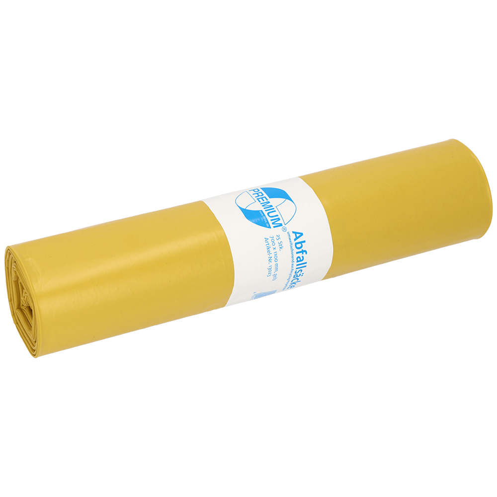 A képen egy sárga DEISS 13023 szemeteszsák tekercs látható (700x1100 mm, 60-as típus, 25 darab) az EMIL DEISS KG (GmbH + Co.) cégtől, középen egy fehér-kék címkével, fehér alapon.