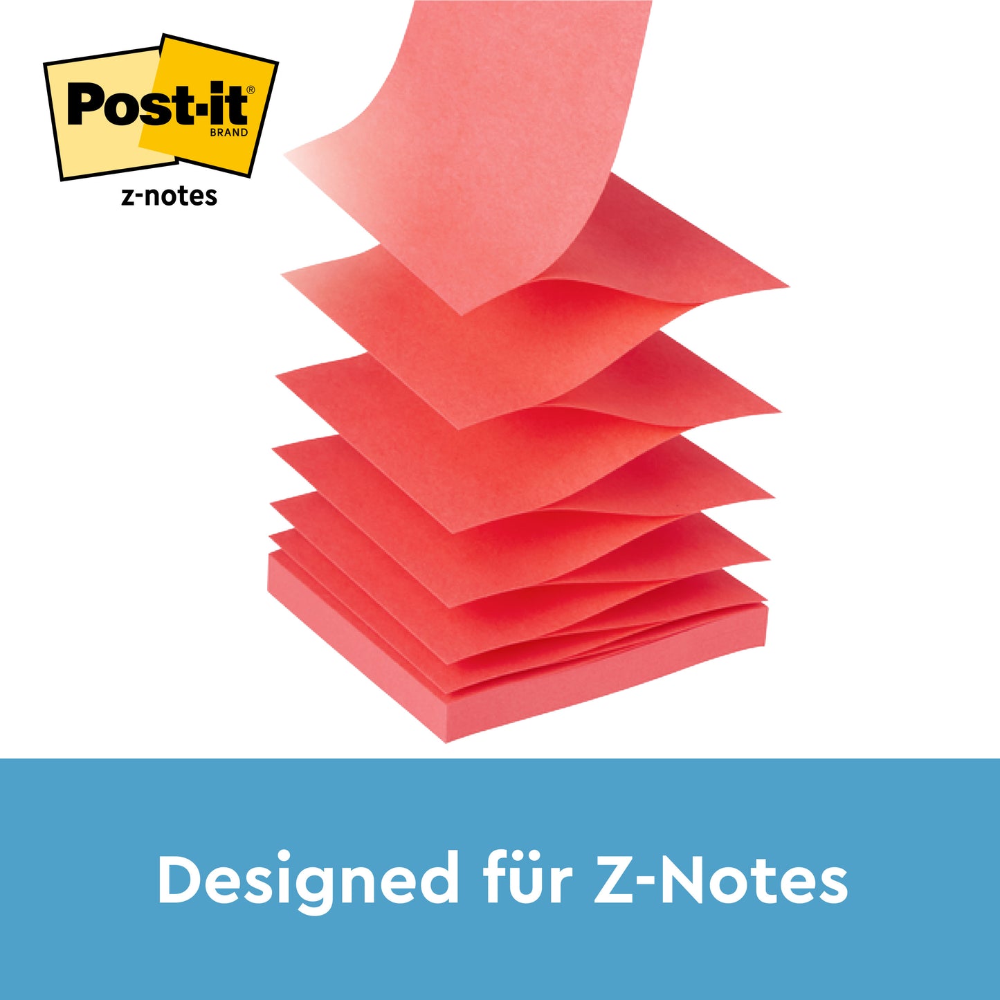Egy halom sárga Post-it® Super Sticky Z-Notes (76 x 76 mm, 90 lap), ábrázolva egy PRO fekete adagolóban a 3M Deutschland GmbH-tól. A Post-it® logó bal felső sarokban jelenik meg, és "Designed für Z-Notes" felirat van alul kék háttérrel.