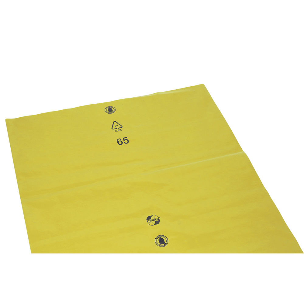 A DEISS szemeteszsákok 575x1000x0,01 mm-es LDPE 70 l-es EMIL DEISS KG (GmbH + Co.) sárga LDPE műanyag zsákok, újrahasznosítási szimbólummal, 65-ös számmal és két fekete szimbólummal fehér alapon.