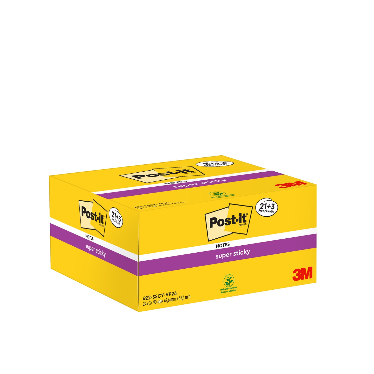 Egy sárga doboz Post-it® Super Sticky Notes (3M Deutschland GmbH), 21 blokk plusz 3 ingyenes blokk, mindegyik 90 lap, 47,6 mm x 47,6 mm, PEFC-tanúsítvánnyal (100%), logóval és lila kiemelésű termékadatokkal az elülső és hátsó oldalon.
