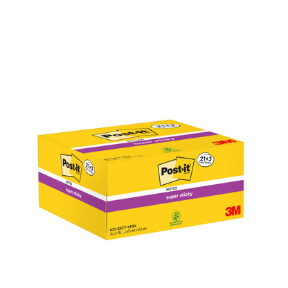 Egy sárga doboz Post-it® Super Sticky Notes (3M Deutschland GmbH), 21 blokk plusz 3 ingyenes blokk, mindegyik 90 lap, 47,6 mm x 47,6 mm, PEFC-tanúsítvánnyal (100%), logóval és lila kiemelésű termékadatokkal az elülső és hátsó oldalon.