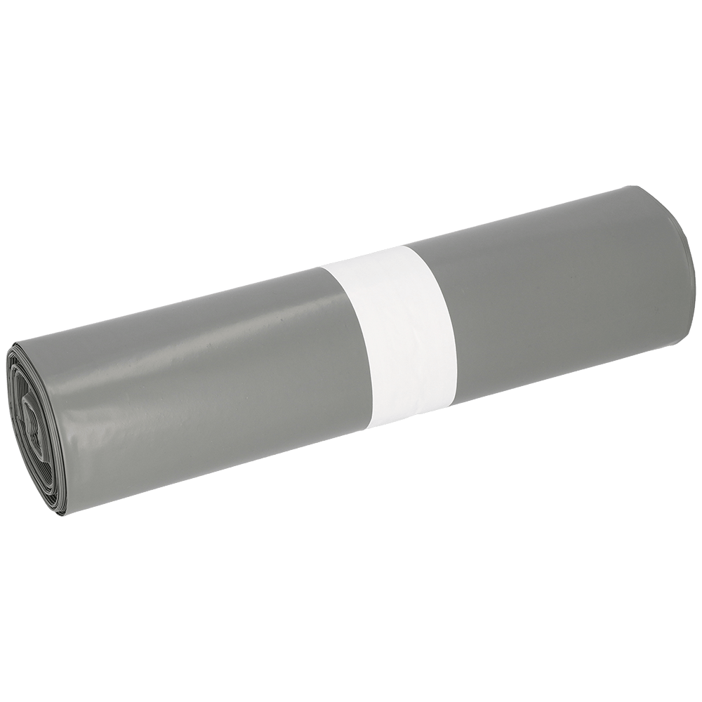 Egy EMIL DEISS KG (GmbH + Co.) DEISS 14005 - 700x1100x0,06 mm szürke szemeteszsák (25 darab) fehér papírszalaggal fehér háttéren fekszik - tökéletes csomagoláshoz és szállításhoz a robusztus fóliatekercsnek köszönhetően.