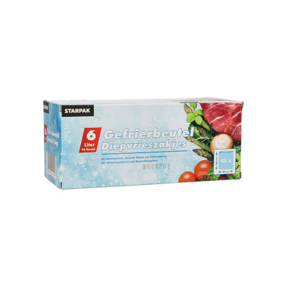 Starpak 45 fagyasztózacskó, LLDPE, 6l (46cm x 30cm), átlátszó, hajtogatott dobozban. A csomagolás zöldségeket és nyers húst, valamint német és holland szöveget ábrázol. 45 zacskót tartalmaz a fagyasztóban való tároláshoz.