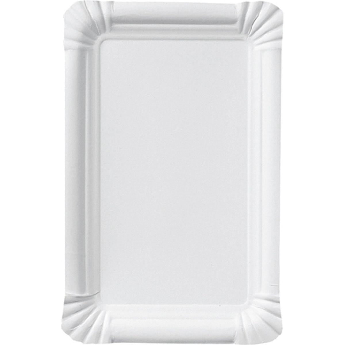 Egy egyszerű, téglalap alakú kolbásztál 13x20 cm-es kartonból a Duni GmbH-tól, fehér papírral és hullámos széllel, üresen fekszik fehér alapon, függőlegesen elhelyezve. Ideális cateringhez, 250 darabos csomagban kapható.