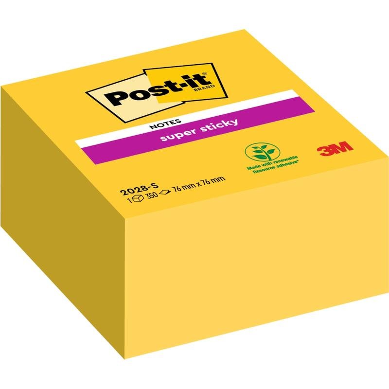 A Post-it® Super Sticky Notes kocka, sárga, a 3M Deutschland GmbH-tól 350 lapot tartalmaz (76 mm x 76 mm) és környezetbarát csomagolású.