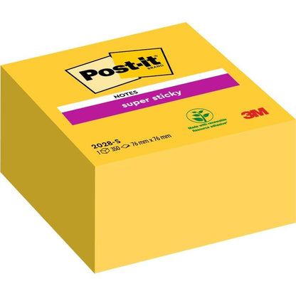 A Post-it® Super Sticky Notes kocka, sárga, a 3M Deutschland GmbH-tól 350 lapot tartalmaz (76 mm x 76 mm) és környezetbarát csomagolású.