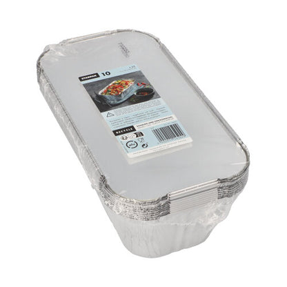 Egy Starpak 10 tálca, alu + betétfedél (PP-bevonatú, szögletes) halom műanyag fóliában, felső címkével, amely termékinformációkat és egy élelmiszerfotót tartalmaz – ideális a praktikus élelmiszertároláshoz.