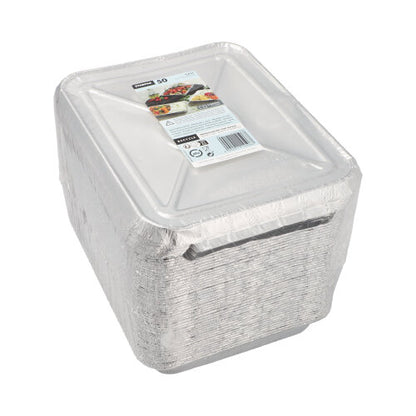 Ein Stapel Starpak 50 Menüschalen + Deckel, Alu von Starpak ist in Plastik verpackt und mit einem Produktetikett versehen – ideal für den Gastronomiebereich.