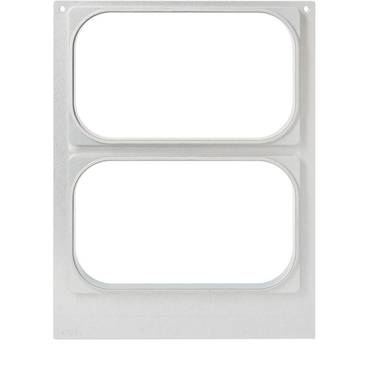 Die Duni GmbH Kassette DF15/25 für PP 1/4 GN Schalen (265x161 mm, 2-nutzig) ist eine Metallplatte mit zwei zentralen, abgerundeten rechteckigen Ausschnitten und kleinen Ecklöchern zur Befestigung - ideal für die Lebensmittelaufbewahrung in der Gastronomie. Packung: 1 Stück.