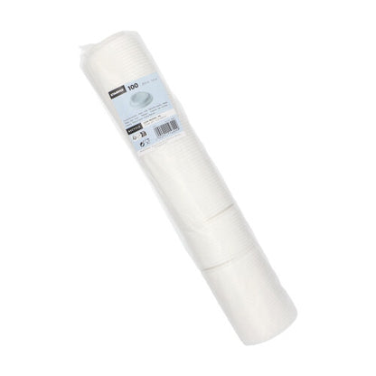 Egy lezárt műanyag csomagolás 100 fehér Starpak „To Go“ Dom-fedéllel (PS, kerek), ferdén ábrázolva, látható termékcímkével – ideális forró italokhoz útközben. Márka: Starpak.