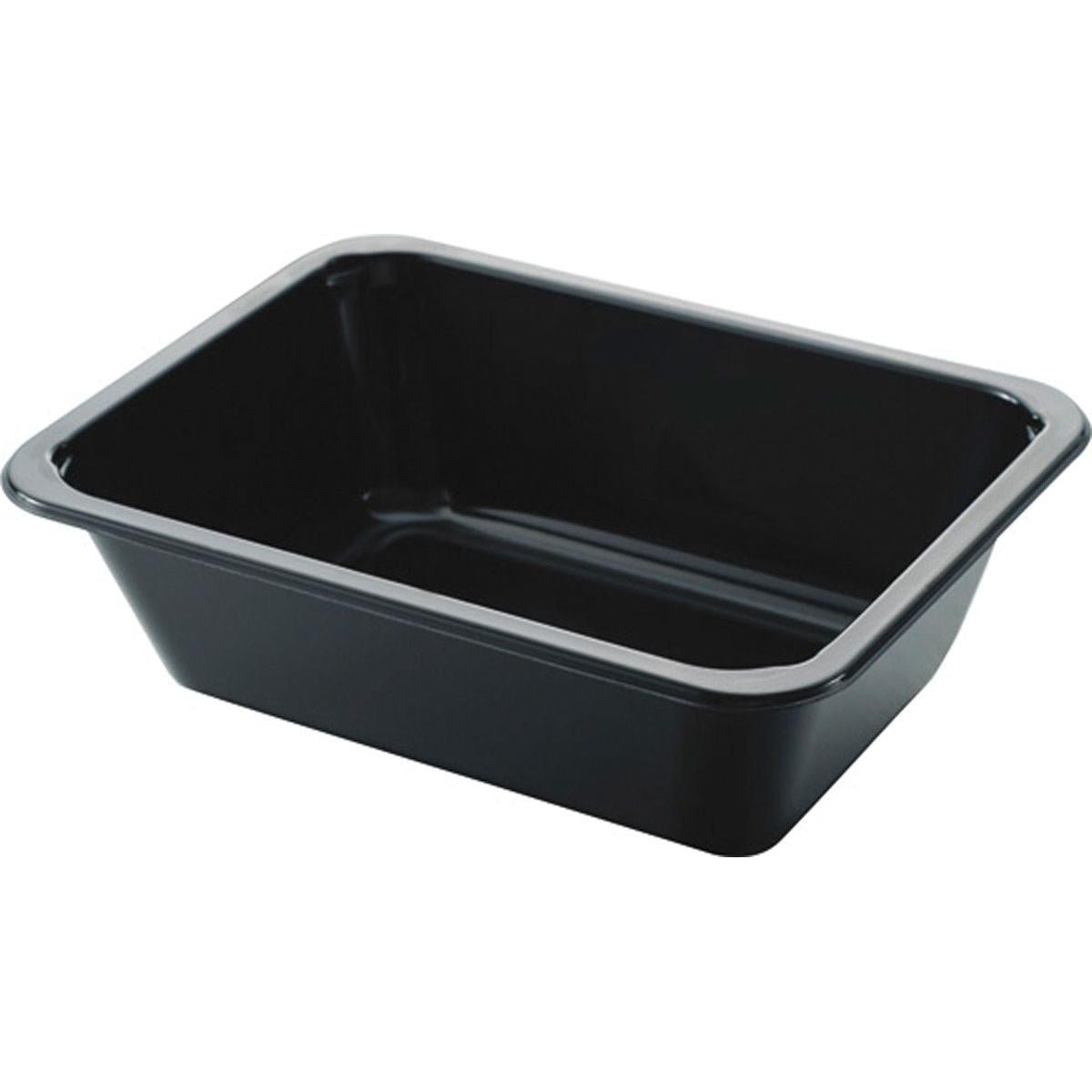 A Duni GmbH CPET Take-Away kis fekete tálcája egy téglalap alakú, fekete fényes tartály, enyhén megdöntött oldalakkal, amely üresen látható fehér háttéren - tökéletes elvitelhez.