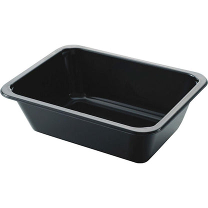 A Duni GmbH CPET Take-Away kis fekete tálcája egy téglalap alakú, fekete fényes tartály, enyhén megdöntött oldalakkal, amely üresen látható fehér háttéren - tökéletes elvitelhez.