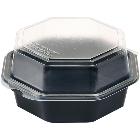 Der Duni GmbH Octaview® Schwarz/Transparent PS 160x160x80 mm Behälter, eine hochwertige Sichtschutzplatte für Lebensmittelaufbewahrung (Packung: 405 Stück), ist auf weißem Hintergrund mit geschlossenem, leicht mattem Deckel abgebildet.