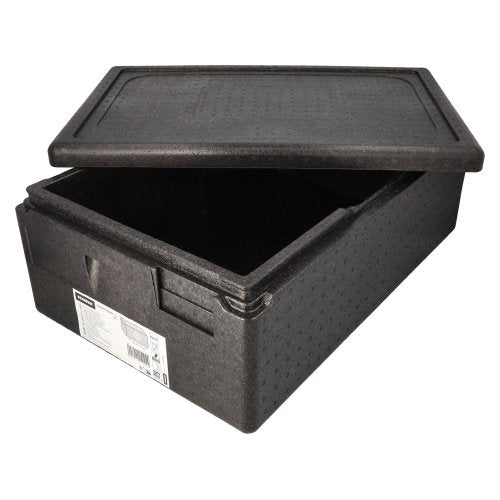 Egy fekete Starpak szigetelő szállítótartály, EPP 60x40cm „Gastro-Norm 1/1”, részben nyitott fedéllel rendelkezik, amely a belső üres teret mutatja, és egy fehér címkével, szöveggel és vonalkódokkal az elején – ideális vendéglátóipari használatra.