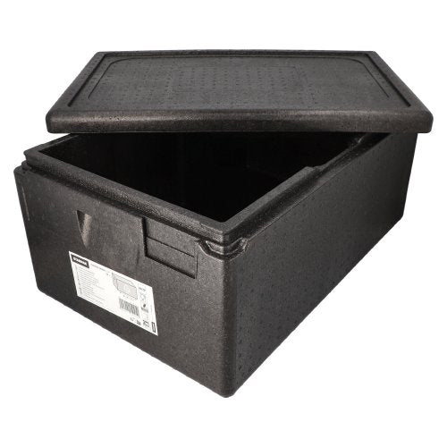 A fekete Starpak szigetelő szállítótartály, EPP 60 cm x 40 cm „Gastro-Norm 1/1”, részben nyitott fedéllel rendelkezik, amely a belső üres teret mutatja, és egy vonalkóddal ellátott elülső címkével – tökéletes vendéglátóipari alkalmazásokhoz.