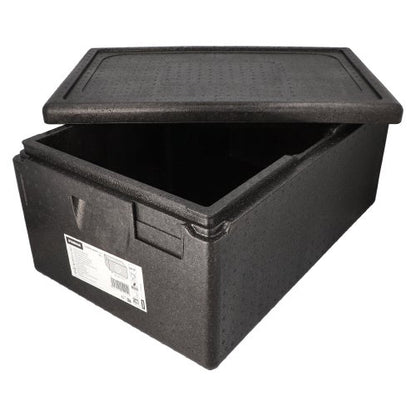 A fekete Starpak szigetelő szállítótartály, EPP 60 cm x 40 cm „Gastro-Norm 1/1”, részben nyitott fedéllel rendelkezik, amely a belső üres teret mutatja, és egy vonalkóddal ellátott elülső címkével – tökéletes vendéglátóipari alkalmazásokhoz.