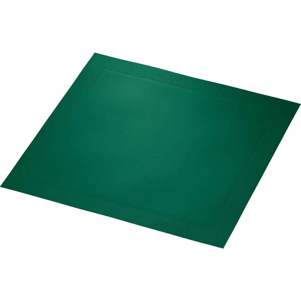 Egy négyzet alakú, sötétzöld 40 x 40 cm-es papírasztalterítő finoman dombornyomott széllel, fehér alapon ábrázolva. Ideális a Duni GmbH Klassikservietten 40 x 40 cm-es, 4 rétegű, dombornyomott 1/4 hajtású szalvétákkal való kombináláshoz egy elegáns asztalképért.