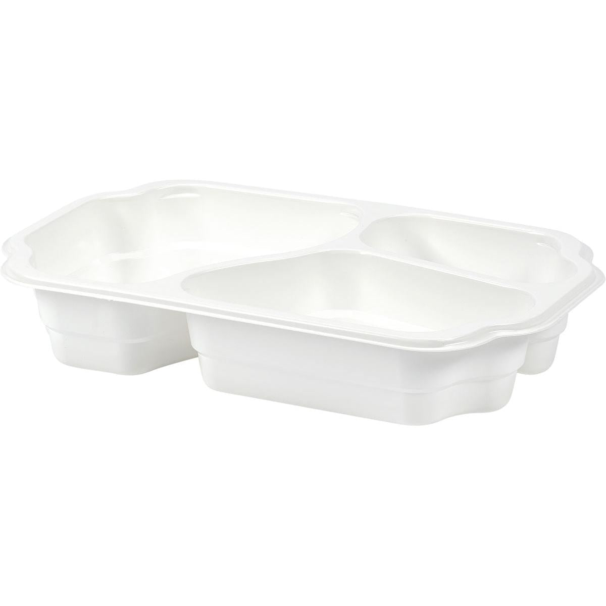 Die Duni GmbH PP-Schale Take-Away 250x159x48 mm in Weiß verfügt über drei Fächer, ideal für Snacks und Speisen zum Mitnehmen; wird als Packung mit 246 Stück geliefert und ist gewinkelt vor einem schlichten Hintergrund abgebildet.