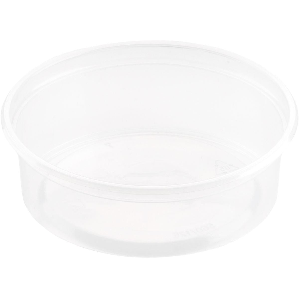 Ein klarer, runder Delipack Transparent PP 101x101 Behälter von Duni GmbH (Packung 50 Stück), glatte Seiten, ohne Deckel, ideal für Lebensmittelaufbewahrung, leer vor weißem Hintergrund dargestellt.