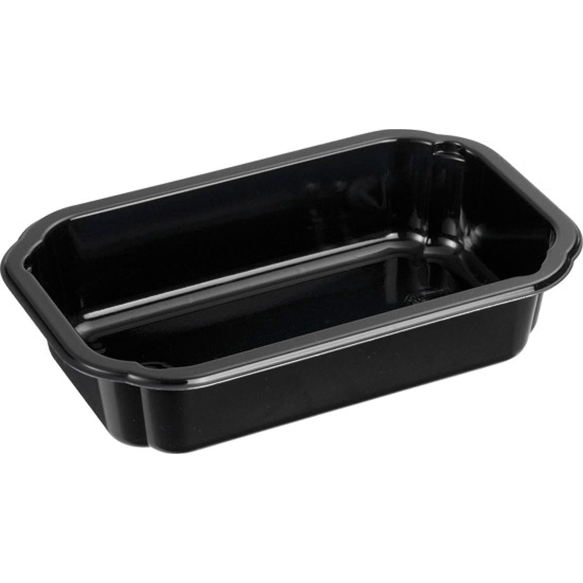 Egy kis, fekete, téglalap alakú CPET Take-Away élelmiszertartály a Duni GmbH-tól, lekerekített élekkel és fényes felülettel, üresen ábrázolva fehér háttéren - ideális útközbeni étkezésekhez. Terméknév: CPET Take-Away kis fekete.