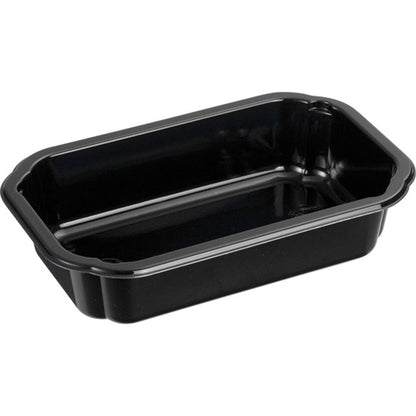 Egy kis, fekete, téglalap alakú CPET Take-Away élelmiszertartály a Duni GmbH-tól, lekerekített élekkel és fényes felülettel, üresen ábrázolva fehér háttéren - ideális útközbeni étkezésekhez. Terméknév: CPET Take-Away kis fekete.