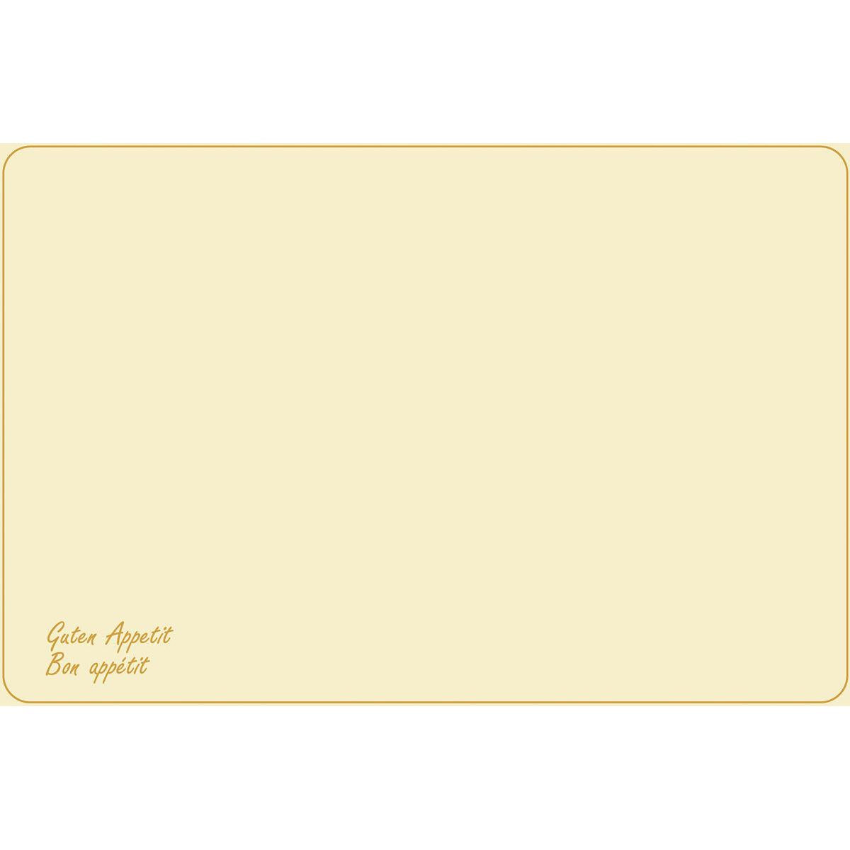 Die Dunicel-Tischsets (Vesca Norm) 33 x 48 cm Guten Appetit der Duni GmbH haben ein unbedrucktes beiges Design mit dünnem braunen Rand, abgerundeten Ecken und "Guten Appetit Bon appétit" in kleiner brauner Schrift unten links - ideal für den stilvoll gedeckten Tisch.